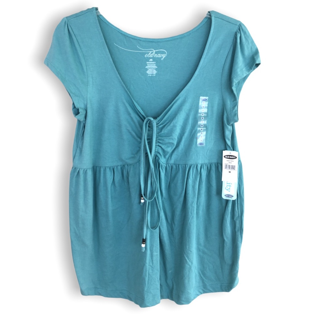 90s Y2K VINTAGE | OLD NAVY Pastel Turquoise Cotton Maternity Top with Beaded Tie